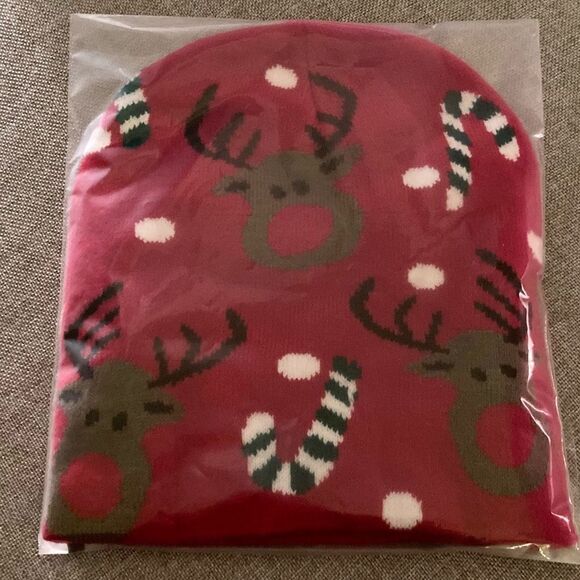 Reindeer Candy Cane Knit Beanie Hat - Picture 2 of 5